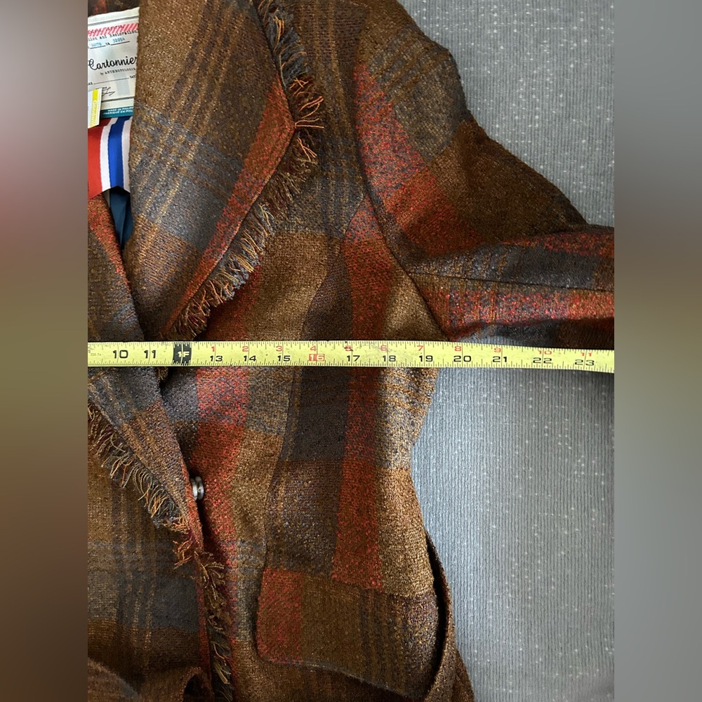 Anthropologie Cartonnier Plaid Preppy Brown Academia Fringed Tweed Blazer 14 - Picture 14 of 15